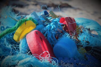 Plastic trash on the beach.