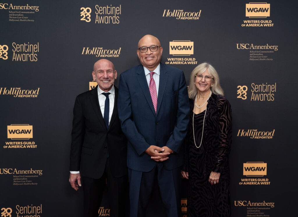 From left to right: Marty Kaplan, Director of the Norman Lear Center; Larry Wilmore, comedian, writer, producer, and actor who hosted the 2023 Sentinel Awards; Kate Folb, Director of Hollywood, Health & Society
